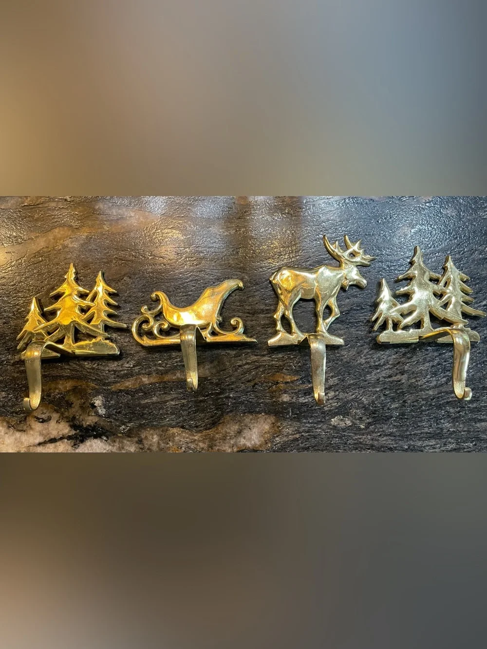 VTG Hallmark Metal Brass Tone Holiday Mantel Hooks Set - Sleigh, Trees & Moose